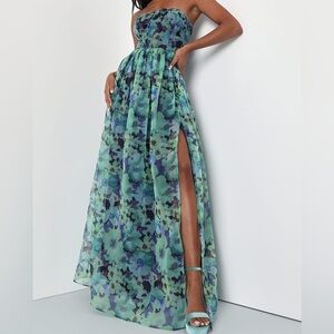 NWOT Lulus Sz XL Wonderful Waltz Green Floral Print Strapless Bustier Maxi